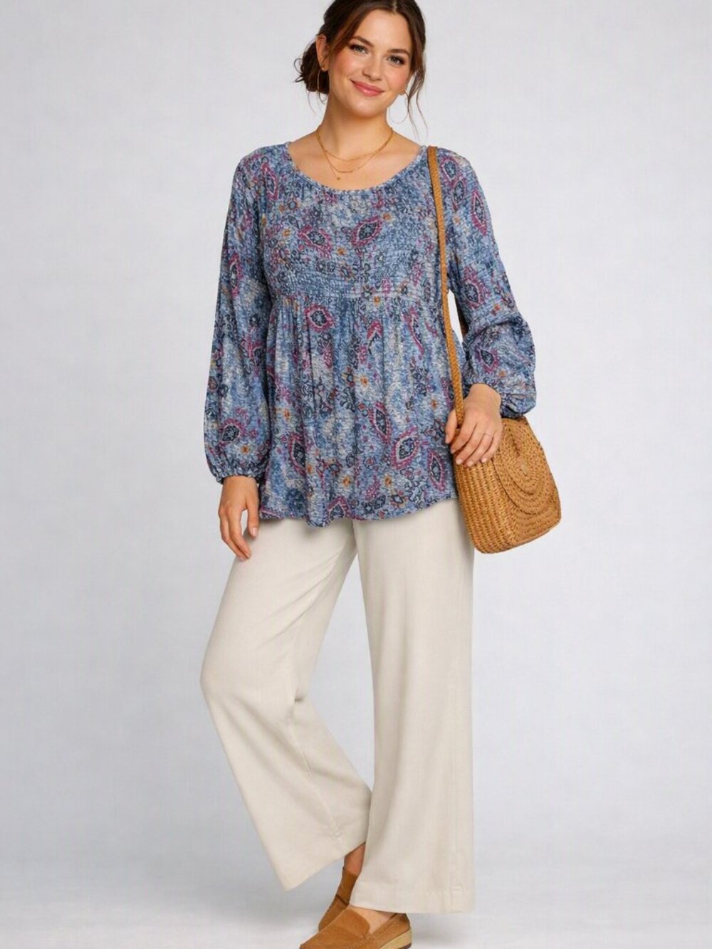 Boho Peasant Style  Long Sleeve Smocked Top Blouse  Size  Small